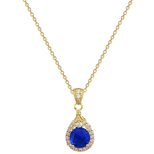 Luxurious gold titanium necklace with a blue teardrop gemstone and diamond pavé border