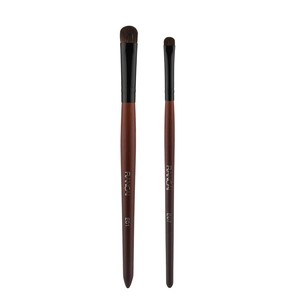 Dual eye makeup brushes with horse hair bristles and dark red matte wooden handles