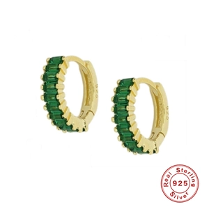 S925 sterling silver huggie earrings with rectangular green zircon stones in gold finish