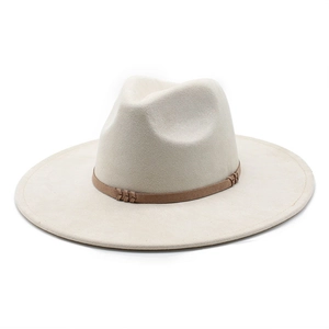 Classic beige wide brim fedora hat with a decorative brown braided leather band