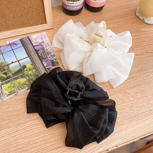 Large sheer mesh bow hair claw clip, elegant black and white ribbon shark clip for cute hairstyles.