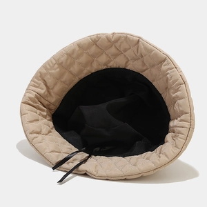 Quilted khaki bucket hat with down-padded cotton and adjustable inner drawstring