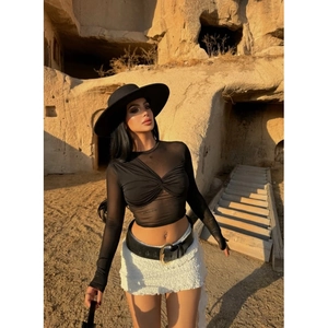 Detail of sheer mesh long sleeve crop top with twist front design in outdoor desert setting