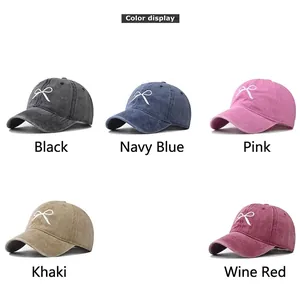 Vintage washed cotton baseball cap with bow embroidery in five assorted classic colors