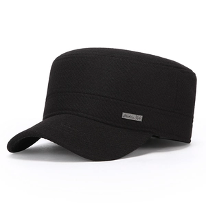 Men's winter cadet cap in black twill fabric with warm ear protection and metal detail