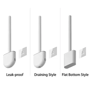 Silicone toilet brush set with wall-mount leakproof, drainage, and flat base designs