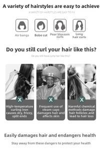 Infographic showing various hairstyles like air bangs and warnings about heat damage