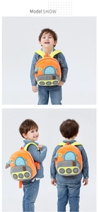 Three-view shots of bright orange plush construction excavator backpack for toddlers