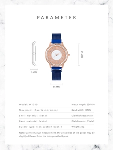 Spécifications de la montre quartz luxe, cadran strass 35mm et bracelet bleu