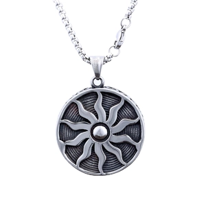 Nordic Sun Totem Stainless Steel Pendant Necklace with Antique Silver Embossed Sun Wheel Finish