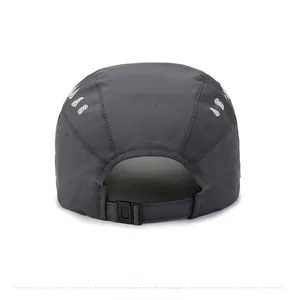 Rear view of quick-dry five-panel cap in charcoal grey with adjustable buckle strap