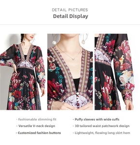 Close-up detail of V-neckline, puff sleeves and vintage floral print on a long dress