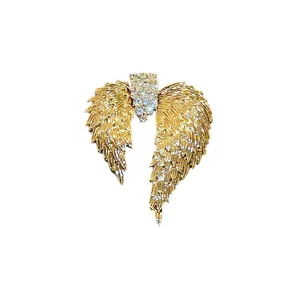 Luxurious gold angel wing brooch featuring crystal rhinestones and feather textures