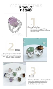 Macro detail of natural raw stones like amethyst and jade set in adjustable silver rings