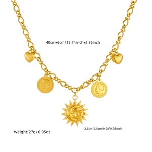 Collier vintage avec pendentif soleil lune étoile et pièce en acier inoxydable doré