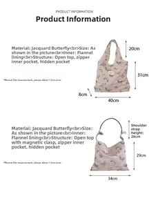 Detailed size comparison and structure of butterfly jacquard tote bags in two sizes
