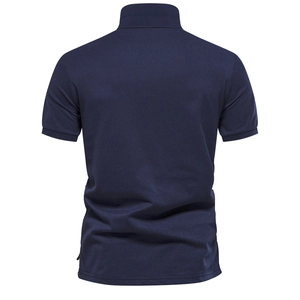 Rear view of navy blue polo shirt showing premium cotton knit fabric and athletic fit