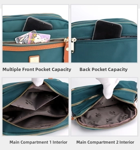 Detail of dark green nylon bag featuring multiple compartments and gold zipper pockets