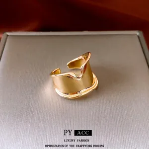 Irregular Wave Open Ring Alloy Wide Band Adjustable Geometric Minimalist Fashion Jewelry For Women Mirror Polish Gold