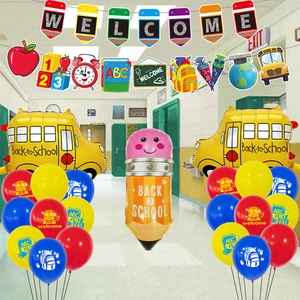 Back-to-school party set with school bus balloons, pencil foil and welcome banner