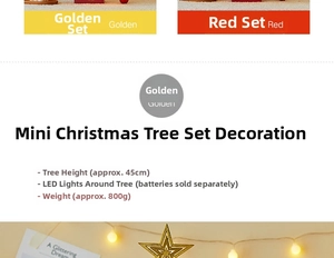 Detailed specs of 45cm mini Christmas tree with LED lights in gold and red themes