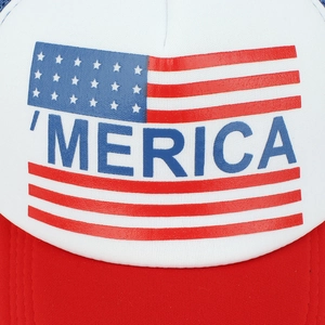 Close-up of 'MERICA' print and flag design on a red and white mesh trucker hat