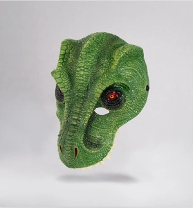 Detailed realistic green dinosaur mask featuring textured scales and sharp white teeth