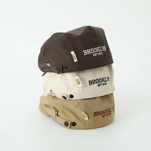 Kids vintage cotton beret hats with Brooklyn embroidery in brown, beige, and khaki colors