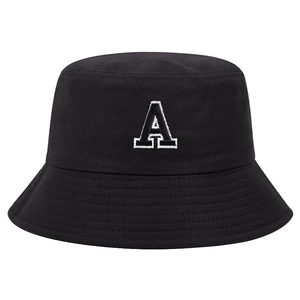Chapeau bob noir à la mode en coton avec lettre A brodée blanche pour sport de plein air