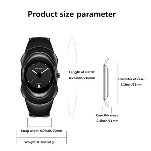 Black Y2K irregular quartz watch for men with silicone strap and 55mm case size details