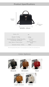 Detailed size chart and multi-color options for textured PU leather handbag with deer charm