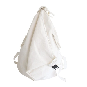 Minimalist white canvas backpack with triangle folding design and adjustable straps