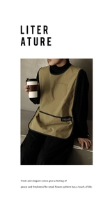 Close-up of khaki waterproof work apron with black trim and chest pocket detail
