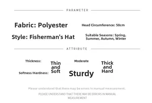 Detailed technical specifications for polyester sun hat with 58cm head circumference