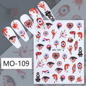 Detail of MO-109 3D nail stickers featuring horror bleeding eyeballs and blood handprints