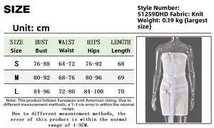 Size chart for backless tube mini dress with knit fabric details and measurements