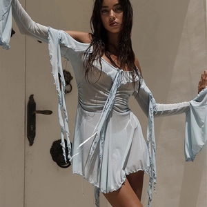 Robe Mini Sexy En Maille Transparente Épaules Dénudées Manches Longues Volants Froncés Fête Plage Cache-Maillot Élégante