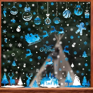 Blue watercolor Christmas window clings featuring snowflakes, reindeer, and Santa Claus