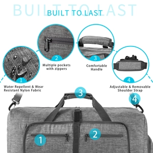 Grey travel duffel detail showing water-repellent nylon fabric and adjustable shoulder strap
