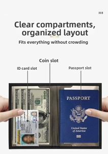 Slim black PU leather passport holder showing internal card slots and cash compartment