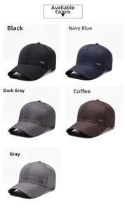 Flat lay detail showing men's baseball caps in five neutral colors with metal side logo