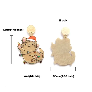 Detail view of cartoon Christmas cat acrylic earrings with specific size and weight data