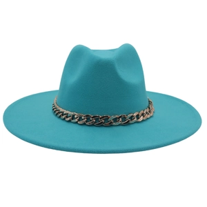 Teal wool felt fedora hat featuring a stylish wide brim and decorative gold chain accent