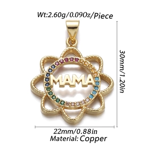 Gold-plated floral MAMA pendant with colorful gemstones and dimensions shown
