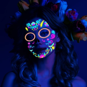Neon glow Day of the Dead face tattoo stickers for Halloween parties and festivals
