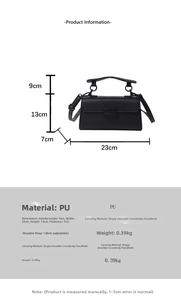 Detailed size chart for black pebble pattern PU leather handbag with adjustable strap