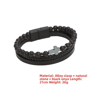 Three-layer men's bracelet with black lava stone beads, leather cord and metal cross detail