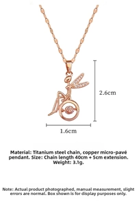 Detailed view of rose gold ballerina necklace showing pendant size and material specs
