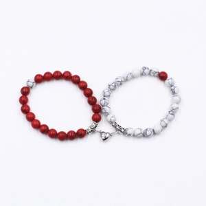 Couples heart magnetic attraction bracelets with red and white natural stone beads
