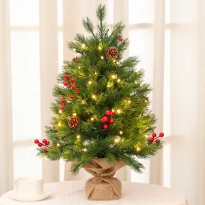 Mini Artificial Christmas Tree With LED Lights Red Berries Pine Cones Burlap Base For Tabletop Desktop Home Decor Rustic Farmhouse